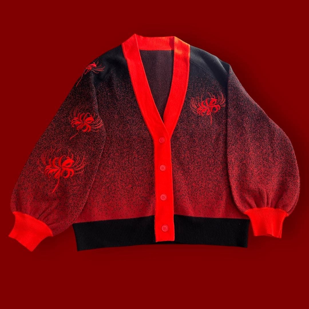 Spider lily cardigan, Oversized cardigan, red and black cardigan, higanbana cardigan, japanese flower cardigan