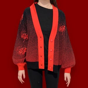 Higanbana flower cardigan, gradient red and black cardigan, red spider lily clothing, Japanese flower cardigan, Higanbana Floral Design