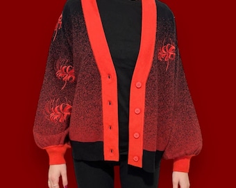Higanbana flower cardigan, gradient red and black cardigan, red spider lily clothing, Japanese flower cardigan, Higanbana Floral Design