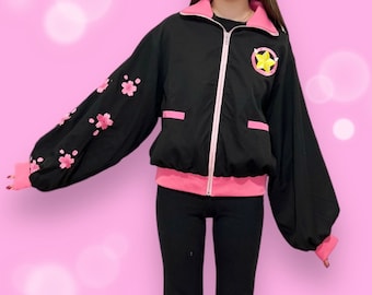 Sakura jacket, Cherry Blossom jacket, Oversized jacket, pink and black jacket, flower jacket, anime jacket
