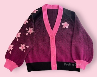 Hanami cardigan, sakura sleeve cardigan, pink and black cardigan, Sakura cardigan, flower cardigan, embroidered sakura jacket, kawaii pink