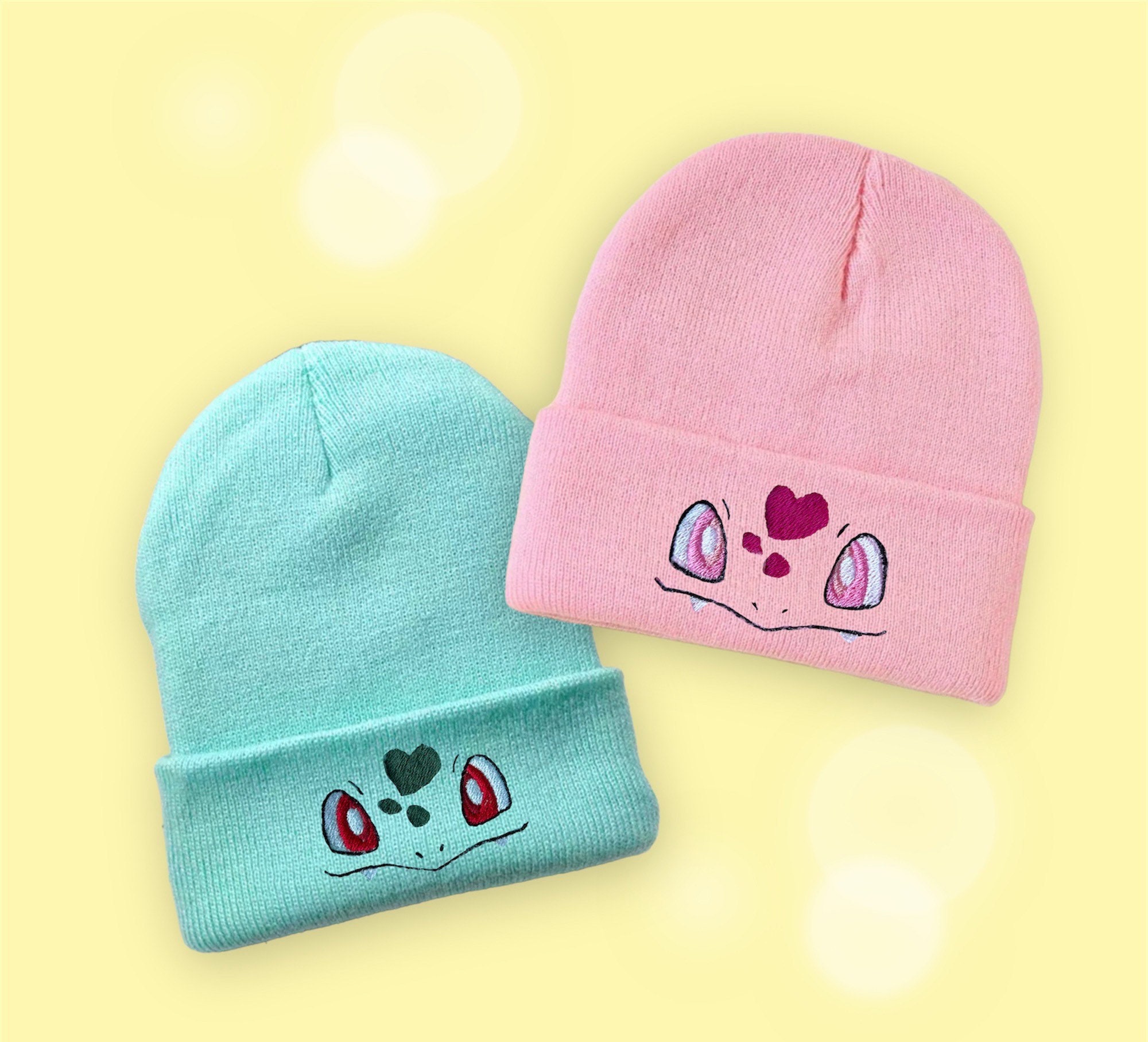 bulbasaur hat, bulbasaur beanie fanart, embroidered eyes beanie, embroidered unisex beanie, couple gift, gamer gift idea