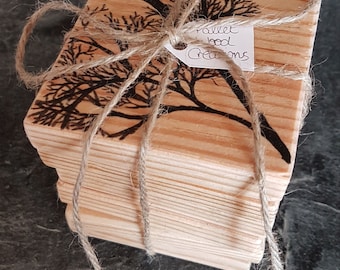 Rustic Pallet Wood Coasters Set: Hand-Painted Branch Design