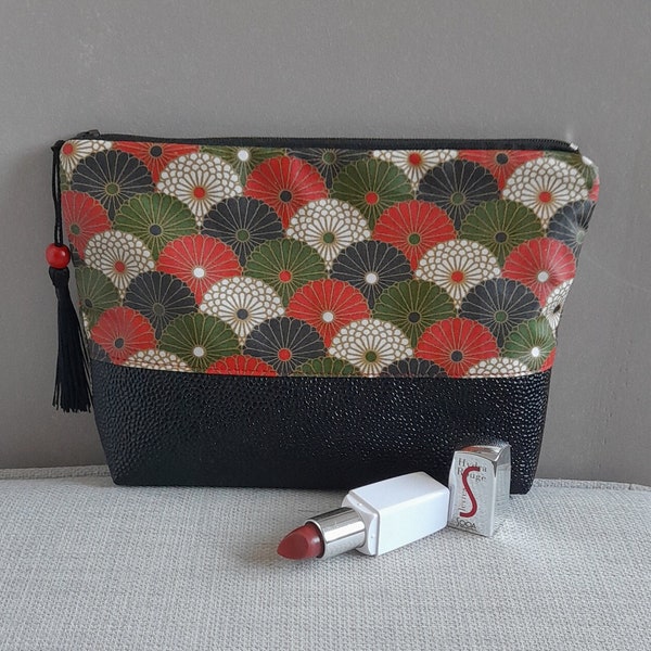 pochette fourretout/trousse maquillage/coton enduit rouge/vert/noir/or/simili cuir noir/idée de cadeau femme