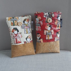 étui lunettes/housse téléphone/coton enuit molletonné imprimé kokeshis veelkleurig/luik pailleté/cadeau femme