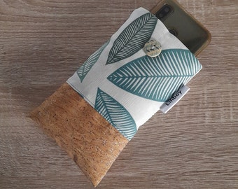 Moltonné-Etui für Telefon oder Lünetten/Baumwolle mit bedruckten Blättern in den Farben Grün/Blau/Elfenbein/Lüttich mit silbernen Pailletten/Damenschmuck