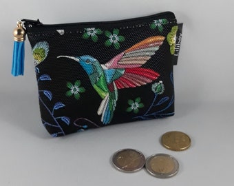 Porte-monnaie zippé femme/porte-cartes/similicuir  colibris noir/bleu/rose/vert/cadeau femme/accessoire de sac/bourse/cadeau fête des mères