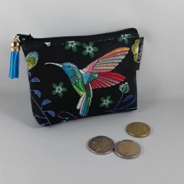 Porte-monnaie zippé femme/porte-cartes/similicuir  colibris noir/bleu/rose/vert/cadeau femme/accessoire de sac/bourse/cadeau fête des mères