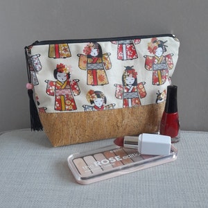 trousse maquillage/trousse liège/coton enduit imprimé kokeshis/rose/blanc/multicolore/liège pailleté/cadeau femme