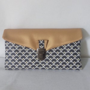 compagnon de sac, portefeuille complet avec fermoir pour femme en similicuir or et coton enduit imprimé éventails noir/or/blanc
