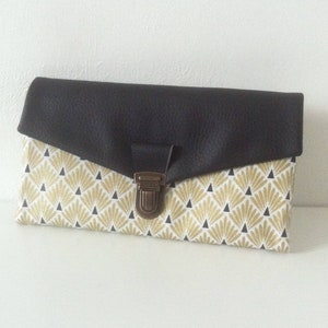compagnon de sac/portefeuille complet avec fermoir cartable pour femme/ en similicuir noir et coton enduit japonais or, noir, blanc