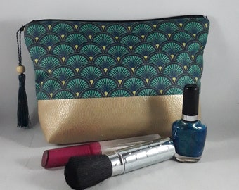 pochette/trousse maquillage/cadeau femme/coton enduit vert émeraude/bleu pétrole et marine/anis/similicuir or clair