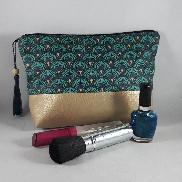 pochette/trousse maquillage/cadeau femme/coton enduit vert émeraude/bleu pétrole et marine/anis/similicuir or clair