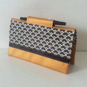 porte-chéquier et porte-carte/étui chéquier/housse de protection chéquier/cadeau femme/coton enduit imprimé noir/or/blanc/similicuir or