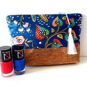 modèle unique/pochette/trousse maquillage/accessoire de sac/coton enduit imprimé bleu dur/liège naturel doré/cadeau femme