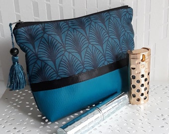 trousse maquillage/pochette femme/fourretout/cadeau femme/coton enduit imprimé/nature/bleu pétrole/noir/similicuir bleu