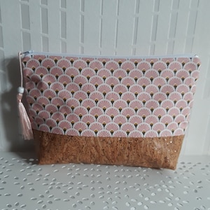 pochette/trousse maquillage liège/accessoire de sac femme/coton enduit imprimé éventails or/noir/rose/blanc et liège naturel doré/cuir Cork