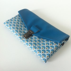 compagnon de sac/portefeuille complet femme avec fermoir/similicuir bleu pétrole et coton enduit saki/japonais bleu pétrole/noir/or/blanc
