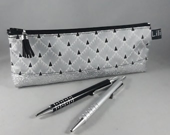 trousse à crayons/scolaire/petite trousse maquillage femme/trousse vapoteuse/coton enduit argent/noir/blanc/similicuir pailleté argent