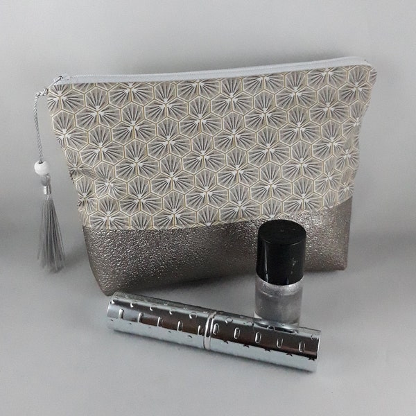 trousse/pochette à maquillage/cadeau femme/coton enduit riad gris/taupe/blanc/or/similicuir pailleté marron glacé/trousse classique et chic