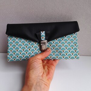 compagnon de sac pour femme/portefeuille complet/fermoir/similicuir noir et coton enduit japonais imprimé éventails/blanc lagon/or/noir