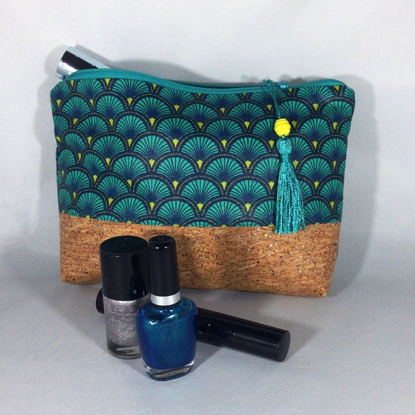 pochette/trousse maquillage/accessoire de sac/cadeau femme/coton enduit imprimé vert émeraude/bleu pétrole/marine/anis/liège naturel doré