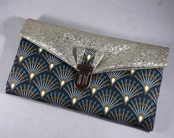 Gold Glitter Wallet Clutch - Bronze Fan Pattern, Checkbook Holder