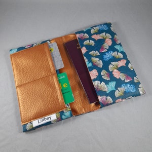 étui passeport/portefeuille femme/porte-carte/étui carte grise/permis/cadeau femme/coton enduit gingko bleu/simili cuivré