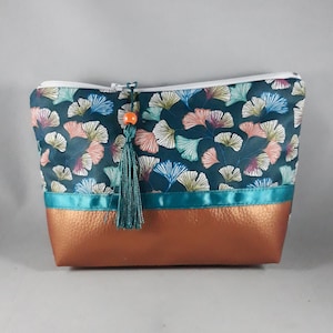 trousse maquillage/accessoire de sac femme/coton enduit imprimé ginkgo bleu/or/orange/turquoise/blanc/similicuir cuivré
