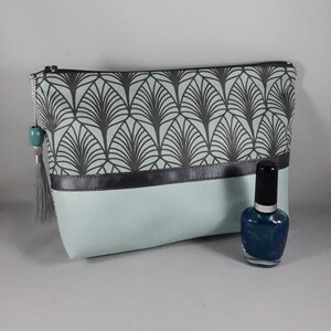 Trousse maquillage/pochette/coton enduit imprimé nature/vert/gris /similicuir vert menthe/idée de cadeau femme