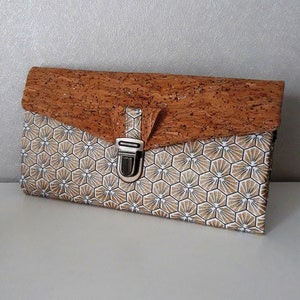 portefeuille en liège/compagnon de sac/portefeuille femme/tout-en-un/coton enduit/motif riad or/blanc/noir/liège pailleté or/cadeau femme