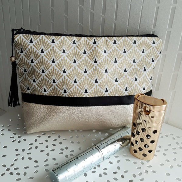 trousse maquillage/pochette femme/coton enduit imprimé/or/blanc/similicuir or/doublée/cadeau femme