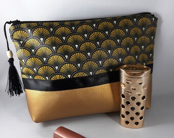 pochette/trousse maquillage/coton enduit imprimé/jaune doré/noir/beige/similicuir or/doublée/idée de cadeau femme