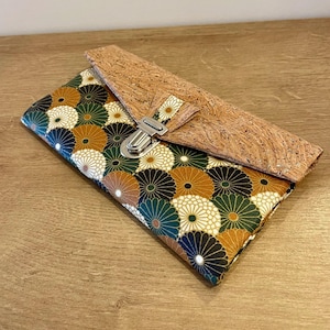 portefeuille en liège/portefeuille femme/porte chèquier/porte-cartes/coton enduit imprimé/marron/noir/liège pailleté/cadeau femme