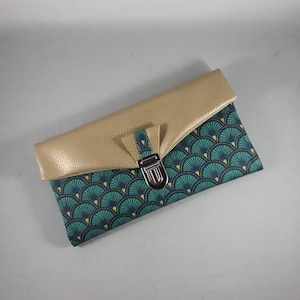 portefeuille femme/porte chéquier/étui carte/porte-monnaie/similicuir or/coton enduit motif doucet vert émeraude/or/anis/cadeau femme
