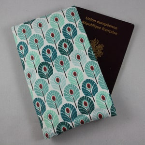 étui passeport/portefeuille femme/porte-cartes/étui carte grise/permis/cadeau femme/coton enduit vert lagon/simili menthe ou liège