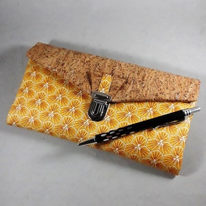 portefeuille en France/portefeuille liège/coton enduit imprimé/jaune/blanc/or/liège pailleté or/cadeau femme