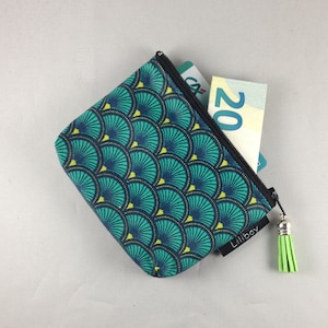 portemonnaie zippé/portemonnaie liège/porte-carte/coton enduit vert émeraude/noir/anis/bleu/similicuir anis/liège pailleté or/cadeau femme