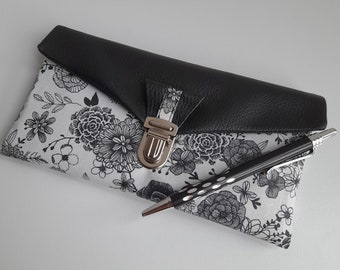 portefeuille femme/porte chéquier/étui carte/porte-monnaie/similicuir noir/coton enduit fleurs/noir/blanc/cadeau femme