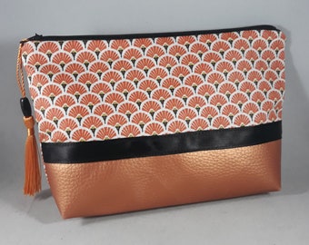 trousse maquillage/pochette/accessoire de sac femme/coton enduit imprimé orange/or/noir/blanc/simili cuir cuivré/idée cadeau femme