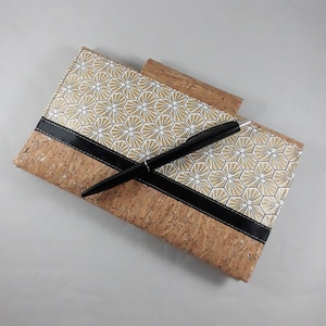 porte chéquier liège en France/porte-stylo/étui cartes pour femme/liège pailleté or/coton enduit riad or/noir/blanc