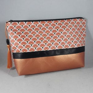 Trousse maquillage/accessoire de sac femme/coton enduit imprimé éventails orange/similicuir cuivré