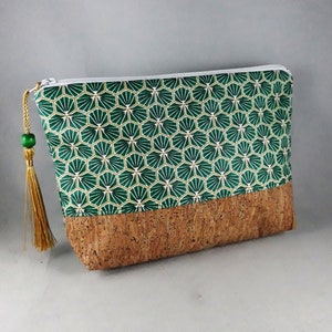 pochette/trousse maquillage/accessoire de sac/cadeau femme/coton enduit imprimé riad vert/or/blanc/liège naturel pailleté