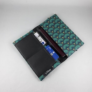 étui passeport/portefeuille femme/porte-cartes/étui carte grise/permis/cadeau homme ou femme/coton enduit vert/bleu/anis/similicuir noir