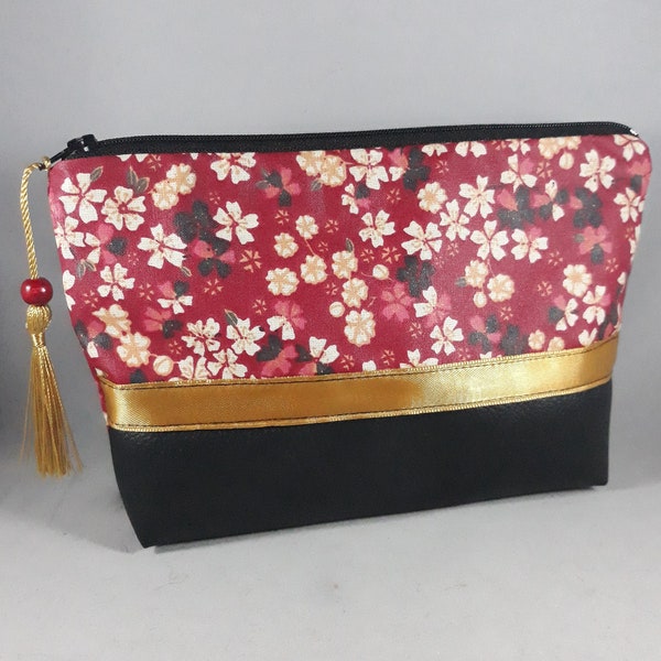 pochette femme/trousse maquillage/coton enduit imprimé fleurs/noir/blanc/rouge/jaune/or/similicuir noir/idée cadeau femme