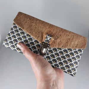 compagnon de sac/portefeuille/porte-chéquier/porte-cartes/porte-papiers/coton enduit imprimé éventails noir/or/blanc et liège pailleté or
