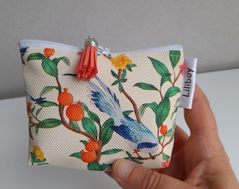 porte-monnaie zippé femme/porte-cartes/similicuir imprimé oiseaux/bleu/orange/jaune/beige/cadeau femme/accessoire de sac/bourse