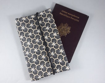 étui passeport/portefeuille femme/porte-cartes/étui carte grise/permis/cadeau femme/coton enduit riad noir/or/blanc/similicuir or