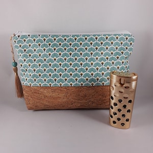 trousse maquillage/cadeau femme/coton enduit imprimé or/noir/vert/blanc et liège pailleté