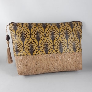 trousse maquillage/cadeau femme/coton enduit imprimé feuilles/marron/jaune moutarde/liège pailleté